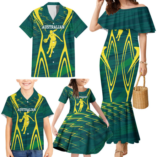 Australian Opals Basketball Family Matching Mermaid Dress and Hawaiian Shirt Iconic Green And Gold Silhouette With Sharp Abstract Graphics