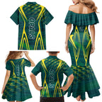 Australian Opals Basketball Family Matching Mermaid Dress and Hawaiian Shirt Iconic Green And Gold Silhouette With Sharp Abstract Graphics