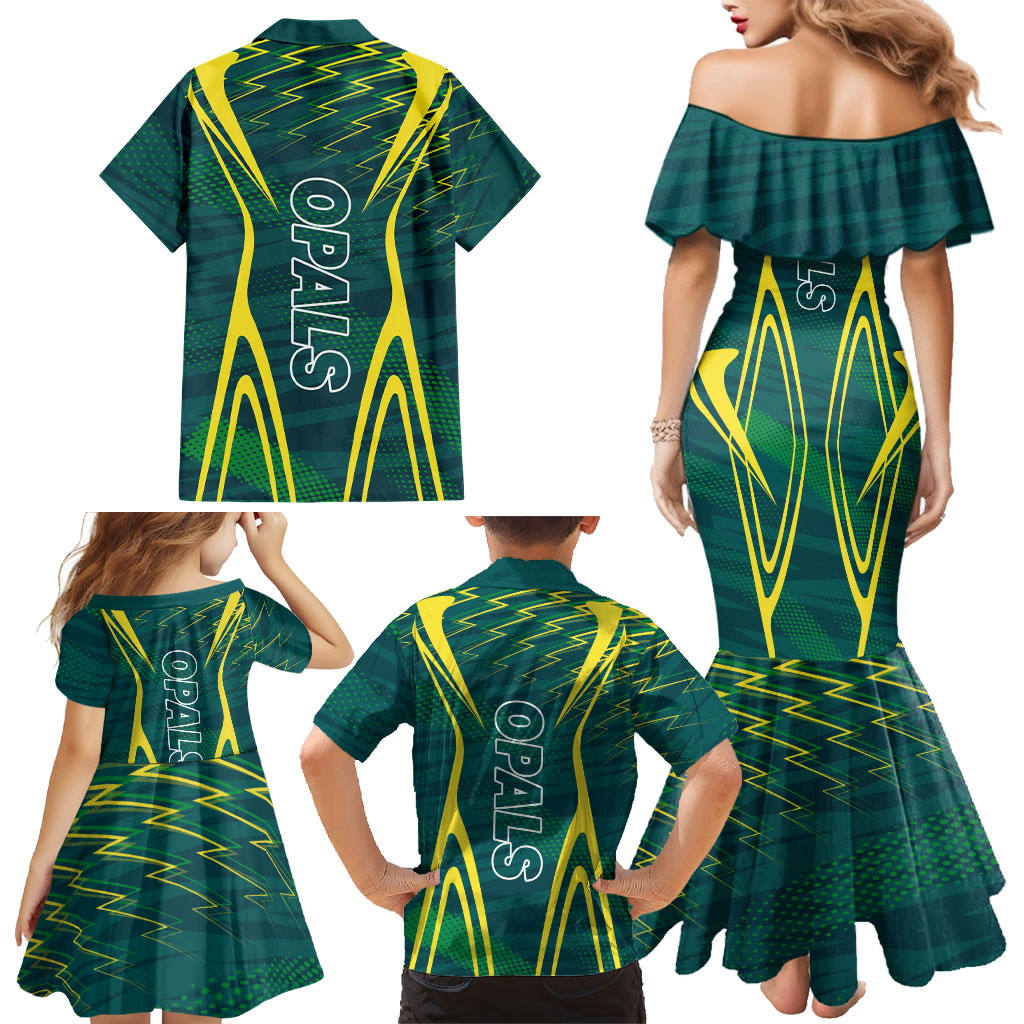Australian Opals Basketball Family Matching Mermaid Dress and Hawaiian Shirt Iconic Green And Gold Silhouette With Sharp Abstract Graphics