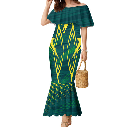 Australian Opals Basketball Family Matching Mermaid Dress and Hawaiian Shirt Iconic Green And Gold Silhouette With Sharp Abstract Graphics