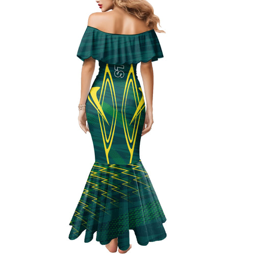 Australian Opals Basketball Family Matching Mermaid Dress and Hawaiian Shirt Iconic Green And Gold Silhouette With Sharp Abstract Graphics