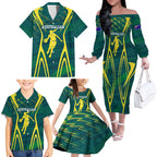 Australian Opals Basketball Family Matching Off The Shoulder Long Sleeve Dress and Hawaiian Shirt Iconic Green And Gold Silhouette With Sharp Abstract Graphics