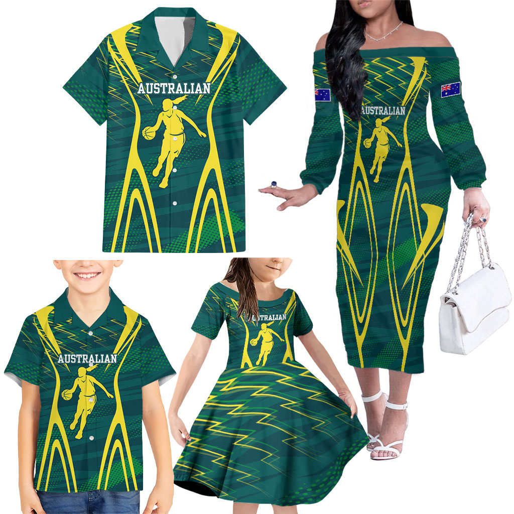 Australian Opals Basketball Family Matching Off The Shoulder Long Sleeve Dress and Hawaiian Shirt Iconic Green And Gold Silhouette With Sharp Abstract Graphics