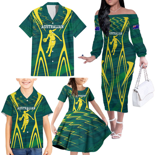 Australian Opals Basketball Family Matching Off The Shoulder Long Sleeve Dress and Hawaiian Shirt Iconic Green And Gold Silhouette With Sharp Abstract Graphics