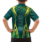 Australian Opals Basketball Family Matching Off The Shoulder Long Sleeve Dress and Hawaiian Shirt Iconic Green And Gold Silhouette With Sharp Abstract Graphics