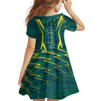 Australian Opals Basketball Family Matching Off The Shoulder Long Sleeve Dress and Hawaiian Shirt Iconic Green And Gold Silhouette With Sharp Abstract Graphics