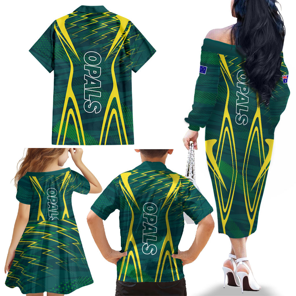 Australian Opals Basketball Family Matching Off The Shoulder Long Sleeve Dress and Hawaiian Shirt Iconic Green And Gold Silhouette With Sharp Abstract Graphics