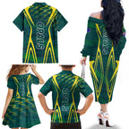 Australian Opals Basketball Family Matching Off The Shoulder Long Sleeve Dress and Hawaiian Shirt Iconic Green And Gold Silhouette With Sharp Abstract Graphics
