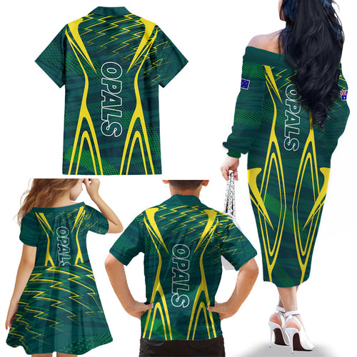 Australian Opals Basketball Family Matching Off The Shoulder Long Sleeve Dress and Hawaiian Shirt Iconic Green And Gold Silhouette With Sharp Abstract Graphics