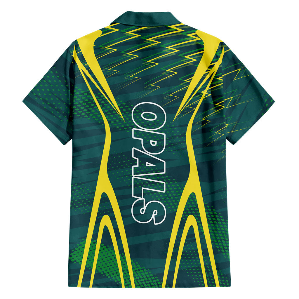 Australian Opals Basketball Family Matching Off The Shoulder Long Sleeve Dress and Hawaiian Shirt Iconic Green And Gold Silhouette With Sharp Abstract Graphics