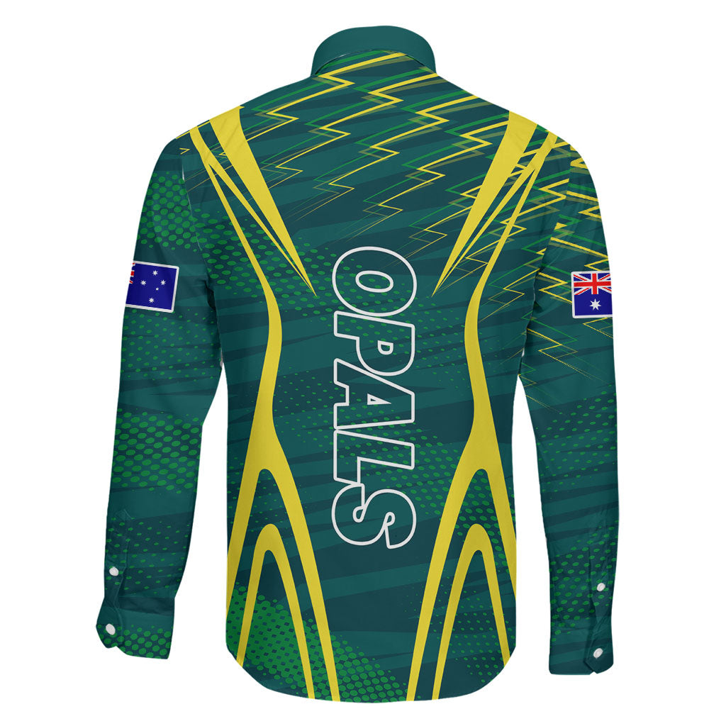 Australian Opals Basketball Family Matching Off The Shoulder Long Sleeve Dress and Hawaiian Shirt Iconic Green And Gold Silhouette With Sharp Abstract Graphics