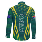 Australian Opals Basketball Family Matching Off The Shoulder Long Sleeve Dress and Hawaiian Shirt Iconic Green And Gold Silhouette With Sharp Abstract Graphics