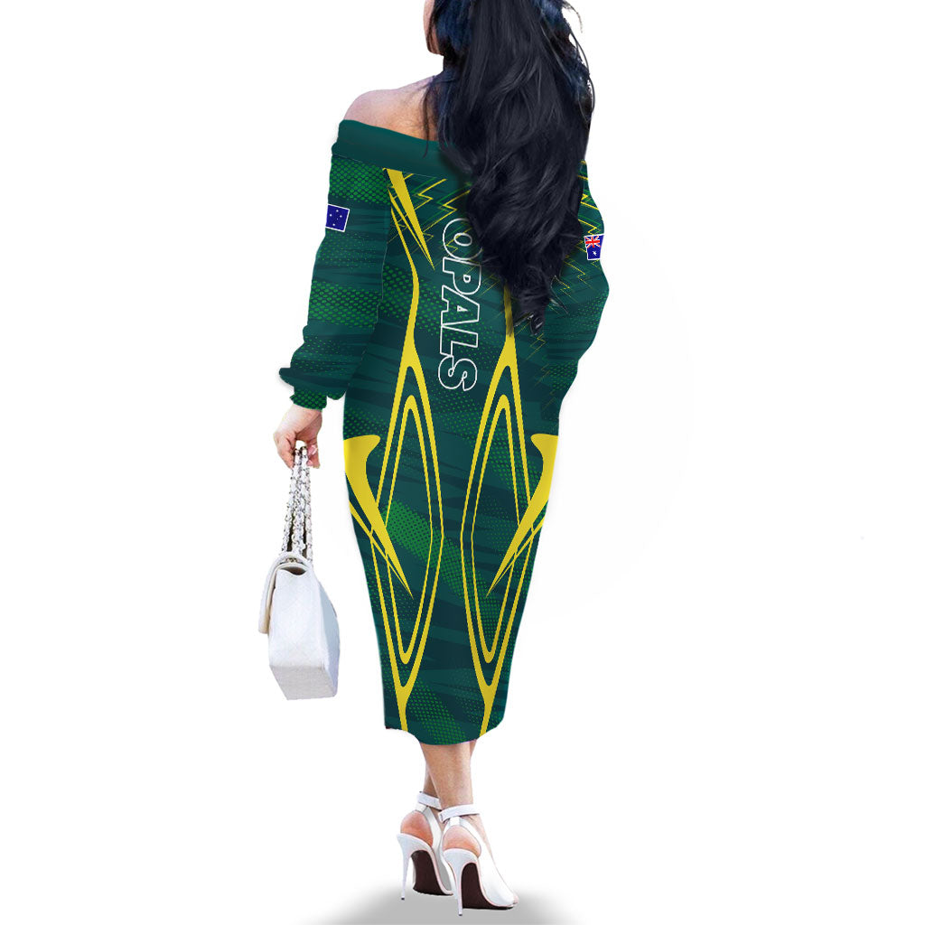 Australian Opals Basketball Family Matching Off The Shoulder Long Sleeve Dress and Hawaiian Shirt Iconic Green And Gold Silhouette With Sharp Abstract Graphics