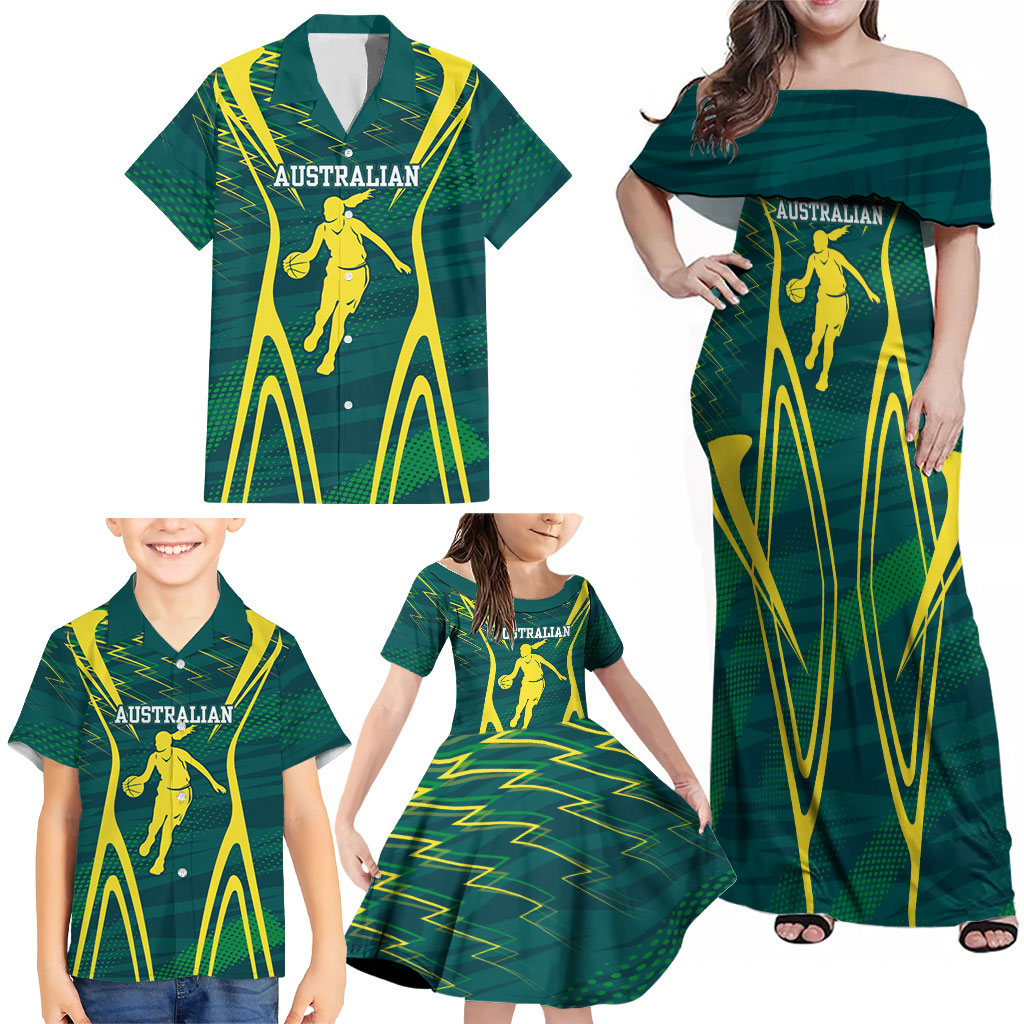 Australian Opals Basketball Family Matching Off Shoulder Maxi Dress and Hawaiian Shirt Iconic Green And Gold Silhouette With Sharp Abstract Graphics