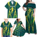Australian Opals Basketball Family Matching Off Shoulder Maxi Dress and Hawaiian Shirt Iconic Green And Gold Silhouette With Sharp Abstract Graphics