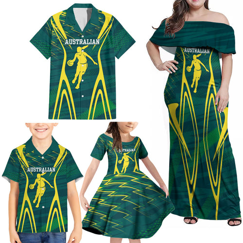 Australian Opals Basketball Family Matching Off Shoulder Maxi Dress and Hawaiian Shirt Iconic Green And Gold Silhouette With Sharp Abstract Graphics