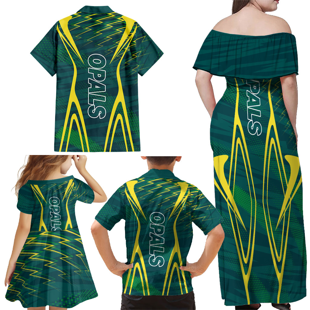 Australian Opals Basketball Family Matching Off Shoulder Maxi Dress and Hawaiian Shirt Iconic Green And Gold Silhouette With Sharp Abstract Graphics