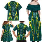 Australian Opals Basketball Family Matching Off Shoulder Maxi Dress and Hawaiian Shirt Iconic Green And Gold Silhouette With Sharp Abstract Graphics
