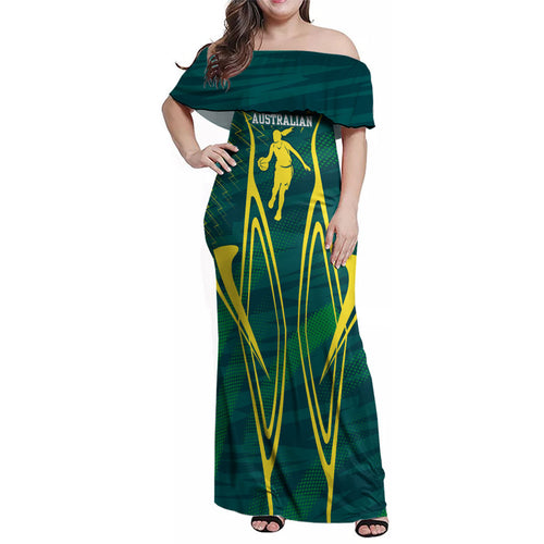 Australian Opals Basketball Family Matching Off Shoulder Maxi Dress and Hawaiian Shirt Iconic Green And Gold Silhouette With Sharp Abstract Graphics