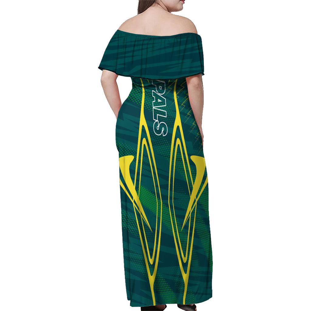 Australian Opals Basketball Family Matching Off Shoulder Maxi Dress and Hawaiian Shirt Iconic Green And Gold Silhouette With Sharp Abstract Graphics