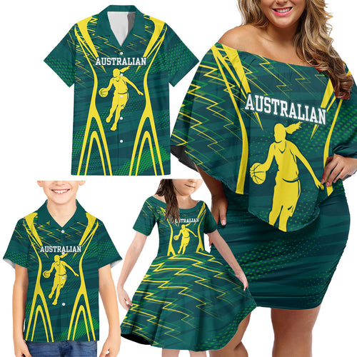 Australian Opals Basketball Family Matching Off Shoulder Short Dress and Hawaiian Shirt Iconic Green And Gold Silhouette With Sharp Abstract Graphics