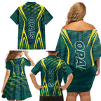 Australian Opals Basketball Family Matching Off Shoulder Short Dress and Hawaiian Shirt Iconic Green And Gold Silhouette With Sharp Abstract Graphics
