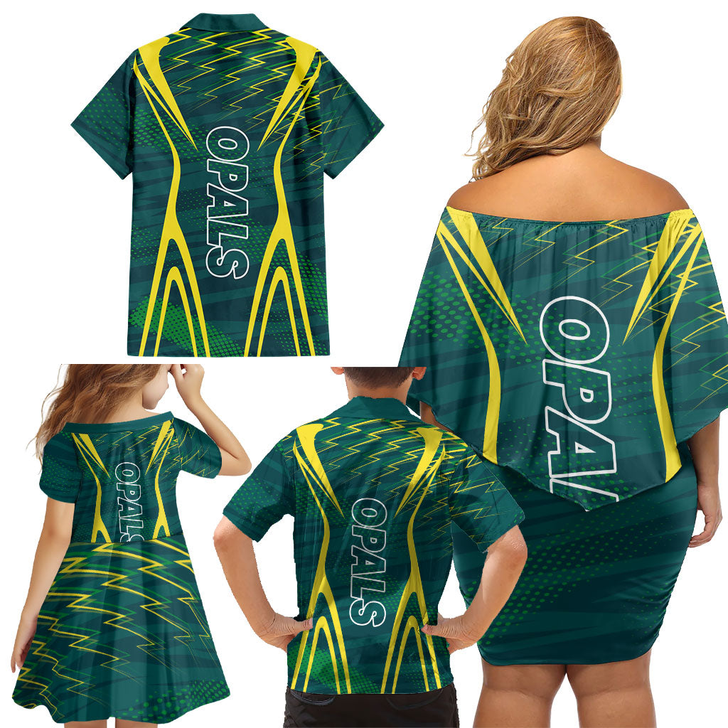 Australian Opals Basketball Family Matching Off Shoulder Short Dress and Hawaiian Shirt Iconic Green And Gold Silhouette With Sharp Abstract Graphics
