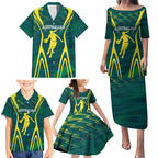 Australian Opals Basketball Family Matching Puletasi and Hawaiian Shirt Iconic Green And Gold Silhouette With Sharp Abstract Graphics