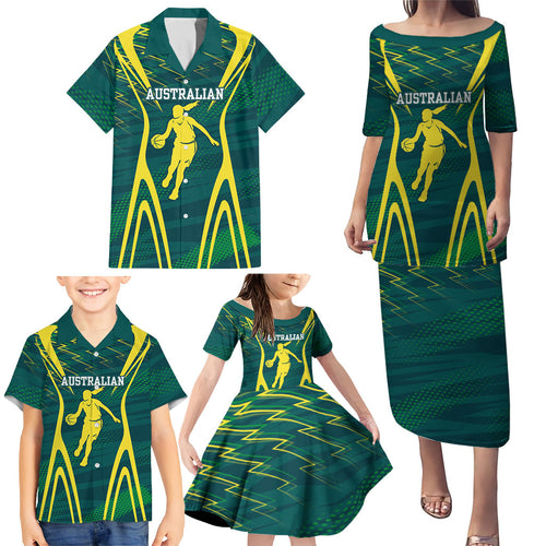 Australian Opals Basketball Family Matching Puletasi and Hawaiian Shirt Iconic Green And Gold Silhouette With Sharp Abstract Graphics