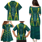 Australian Opals Basketball Family Matching Puletasi and Hawaiian Shirt Iconic Green And Gold Silhouette With Sharp Abstract Graphics