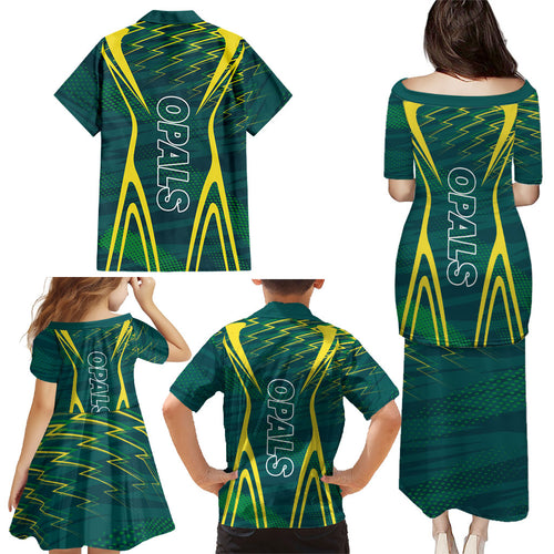 Australian Opals Basketball Family Matching Puletasi and Hawaiian Shirt Iconic Green And Gold Silhouette With Sharp Abstract Graphics