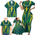 Australian Opals Basketball Family Matching Short Sleeve Bodycon Dress and Hawaiian Shirt Iconic Green And Gold Silhouette With Sharp Abstract Graphics