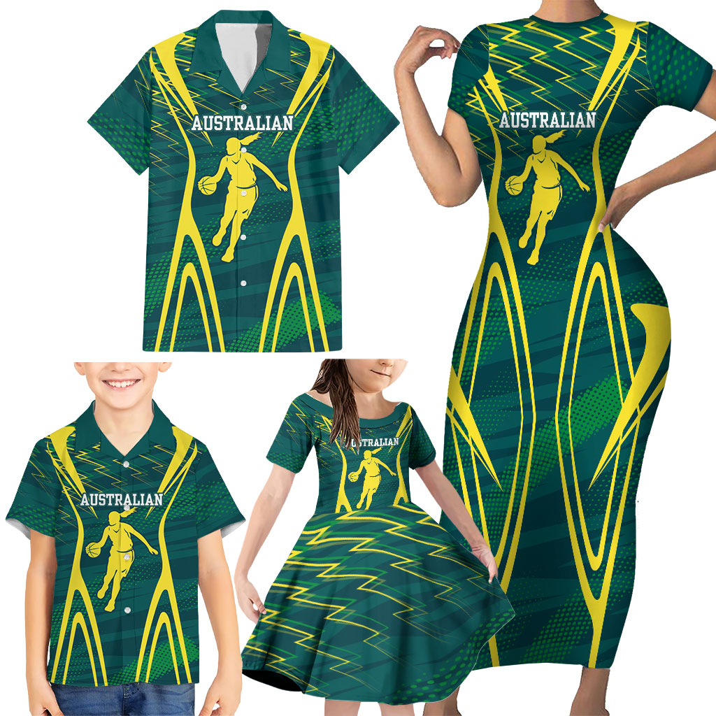 Australian Opals Basketball Family Matching Short Sleeve Bodycon Dress and Hawaiian Shirt Iconic Green And Gold Silhouette With Sharp Abstract Graphics