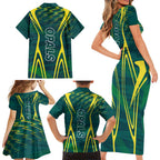 Australian Opals Basketball Family Matching Short Sleeve Bodycon Dress and Hawaiian Shirt Iconic Green And Gold Silhouette With Sharp Abstract Graphics