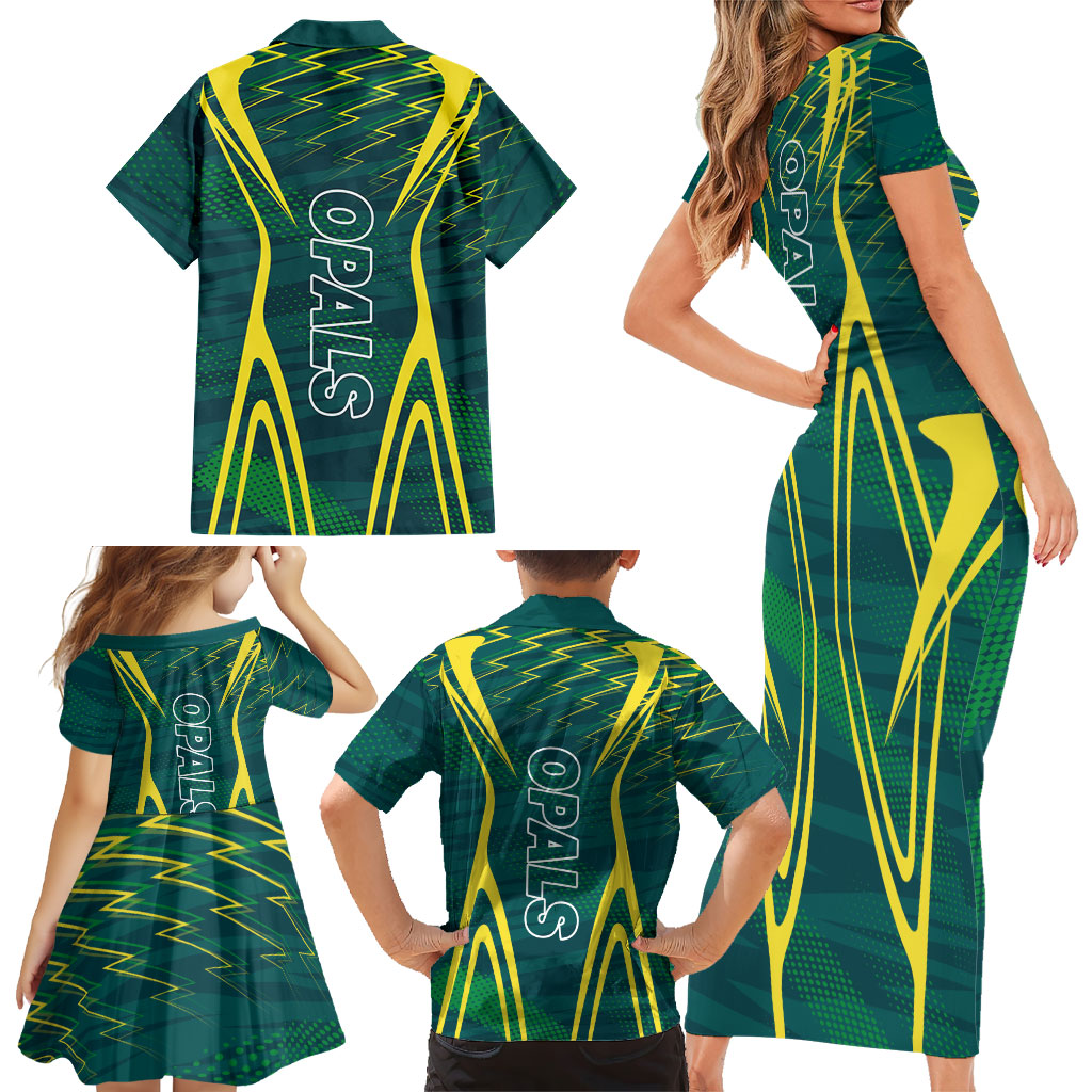 Australian Opals Basketball Family Matching Short Sleeve Bodycon Dress and Hawaiian Shirt Iconic Green And Gold Silhouette With Sharp Abstract Graphics
