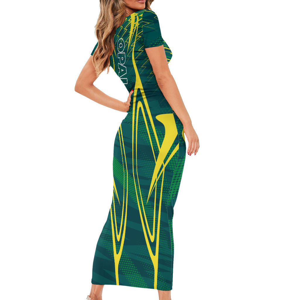 Australian Opals Basketball Family Matching Short Sleeve Bodycon Dress and Hawaiian Shirt Iconic Green And Gold Silhouette With Sharp Abstract Graphics