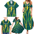 Australian Opals Basketball Family Matching Summer Maxi Dress and Hawaiian Shirt Iconic Green And Gold Silhouette With Sharp Abstract Graphics