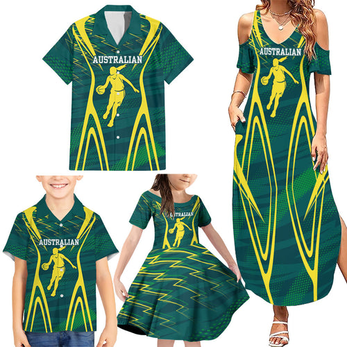 Australian Opals Basketball Family Matching Summer Maxi Dress and Hawaiian Shirt Iconic Green And Gold Silhouette With Sharp Abstract Graphics