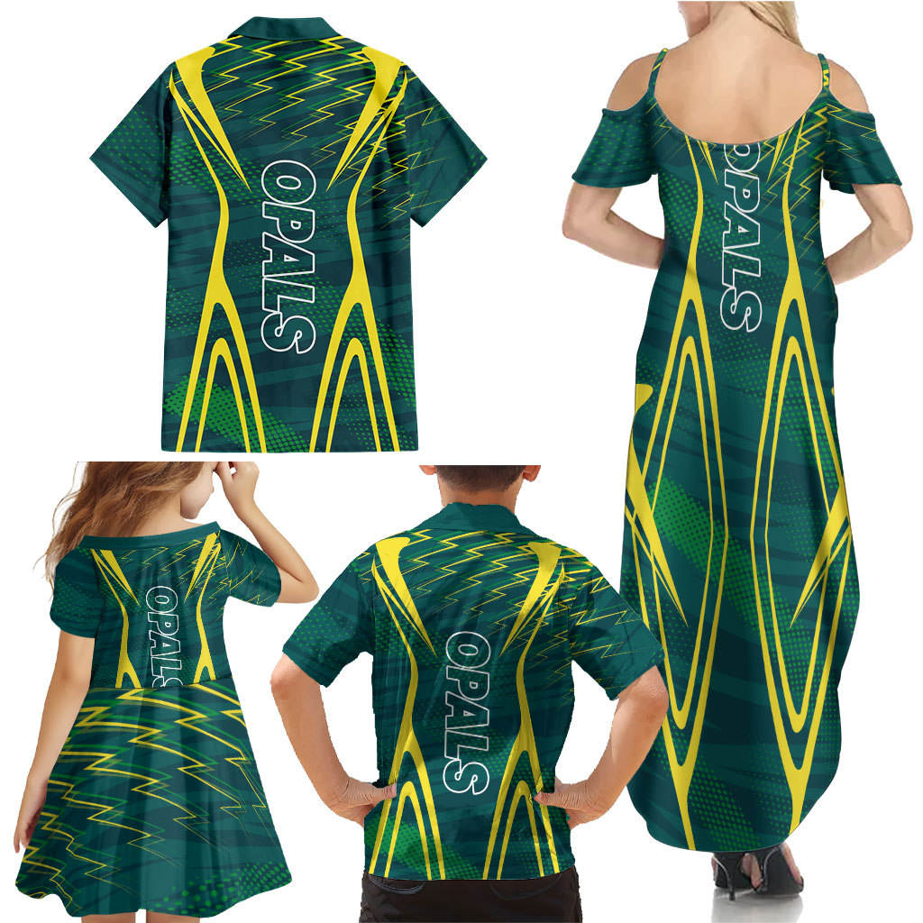 Australian Opals Basketball Family Matching Summer Maxi Dress and Hawaiian Shirt Iconic Green And Gold Silhouette With Sharp Abstract Graphics