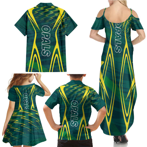 Australian Opals Basketball Family Matching Summer Maxi Dress and Hawaiian Shirt Iconic Green And Gold Silhouette With Sharp Abstract Graphics