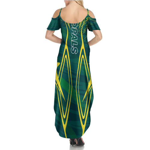 Australian Opals Basketball Family Matching Summer Maxi Dress and Hawaiian Shirt Iconic Green And Gold Silhouette With Sharp Abstract Graphics