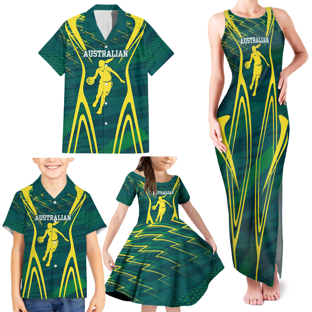 Australian Opals Basketball Family Matching Tank Maxi Dress and Hawaiian Shirt Iconic Green And Gold Silhouette With Sharp Abstract Graphics