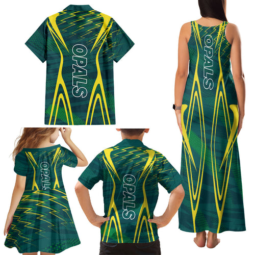 Australian Opals Basketball Family Matching Tank Maxi Dress and Hawaiian Shirt Iconic Green And Gold Silhouette With Sharp Abstract Graphics