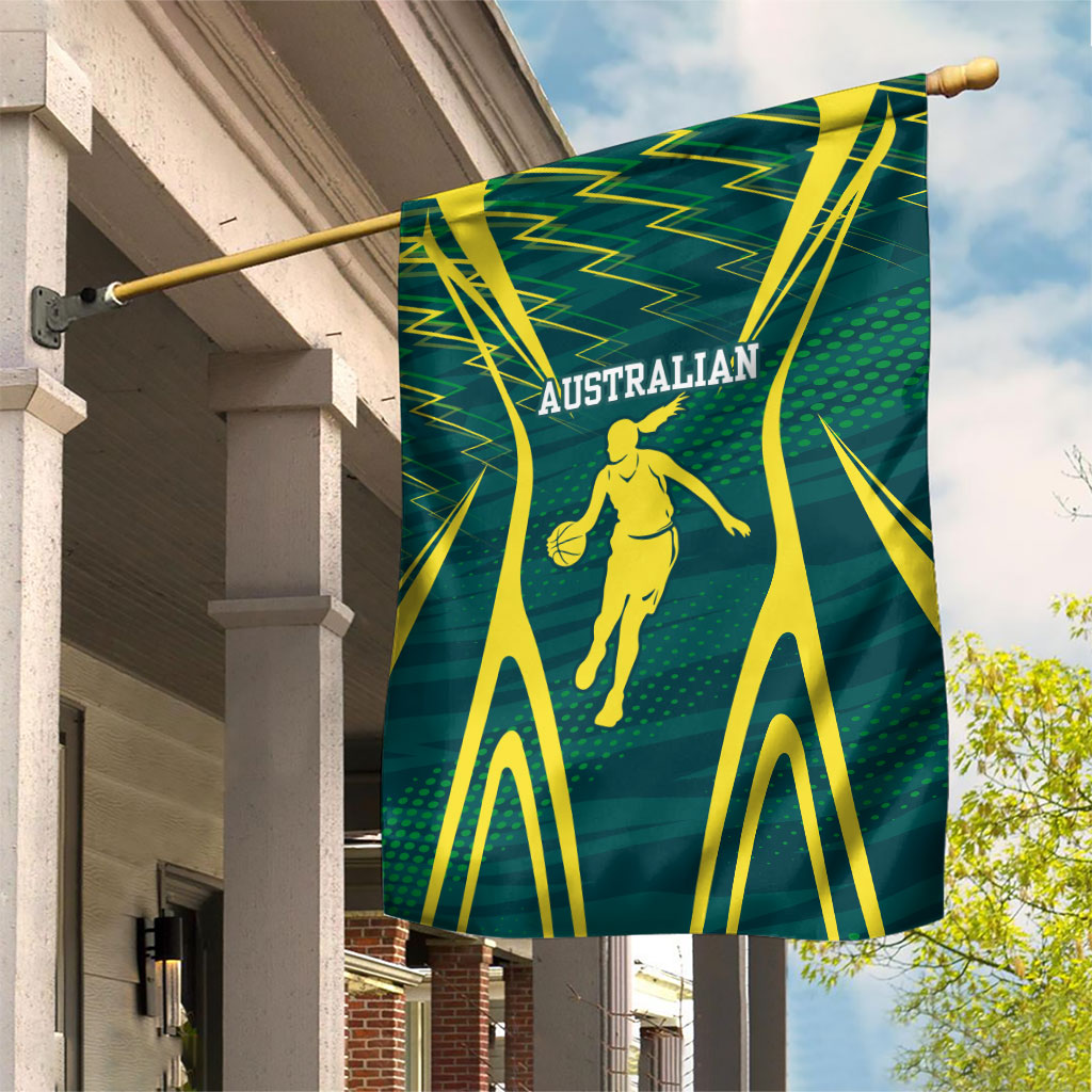 Australian Opals Basketball Garden Flag Iconic Green And Gold Silhouette With Sharp Abstract Graphics