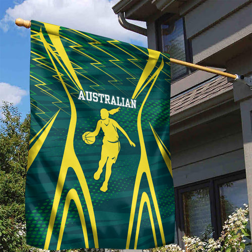 Australian Opals Basketball Garden Flag Iconic Green And Gold Silhouette With Sharp Abstract Graphics