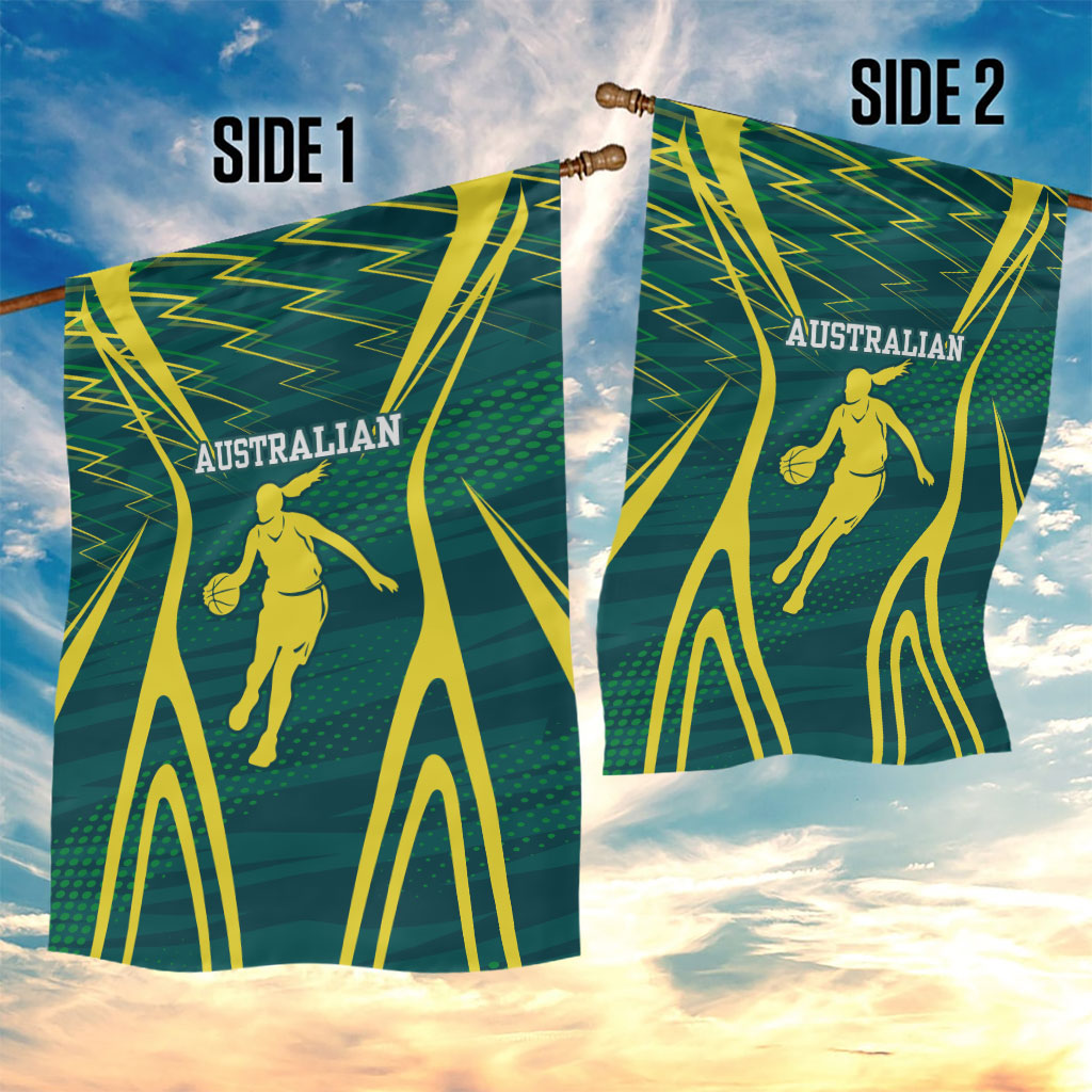 Australian Opals Basketball Garden Flag Iconic Green And Gold Silhouette With Sharp Abstract Graphics