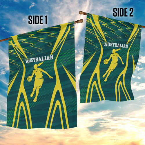 Australian Opals Basketball Garden Flag Iconic Green And Gold Silhouette With Sharp Abstract Graphics