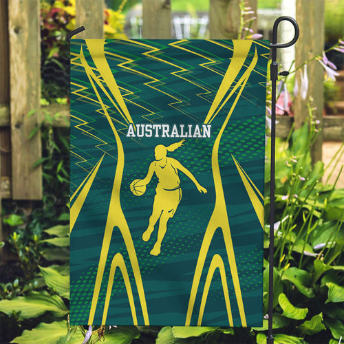 Australian Opals Basketball Garden Flag Iconic Green And Gold Silhouette With Sharp Abstract Graphics