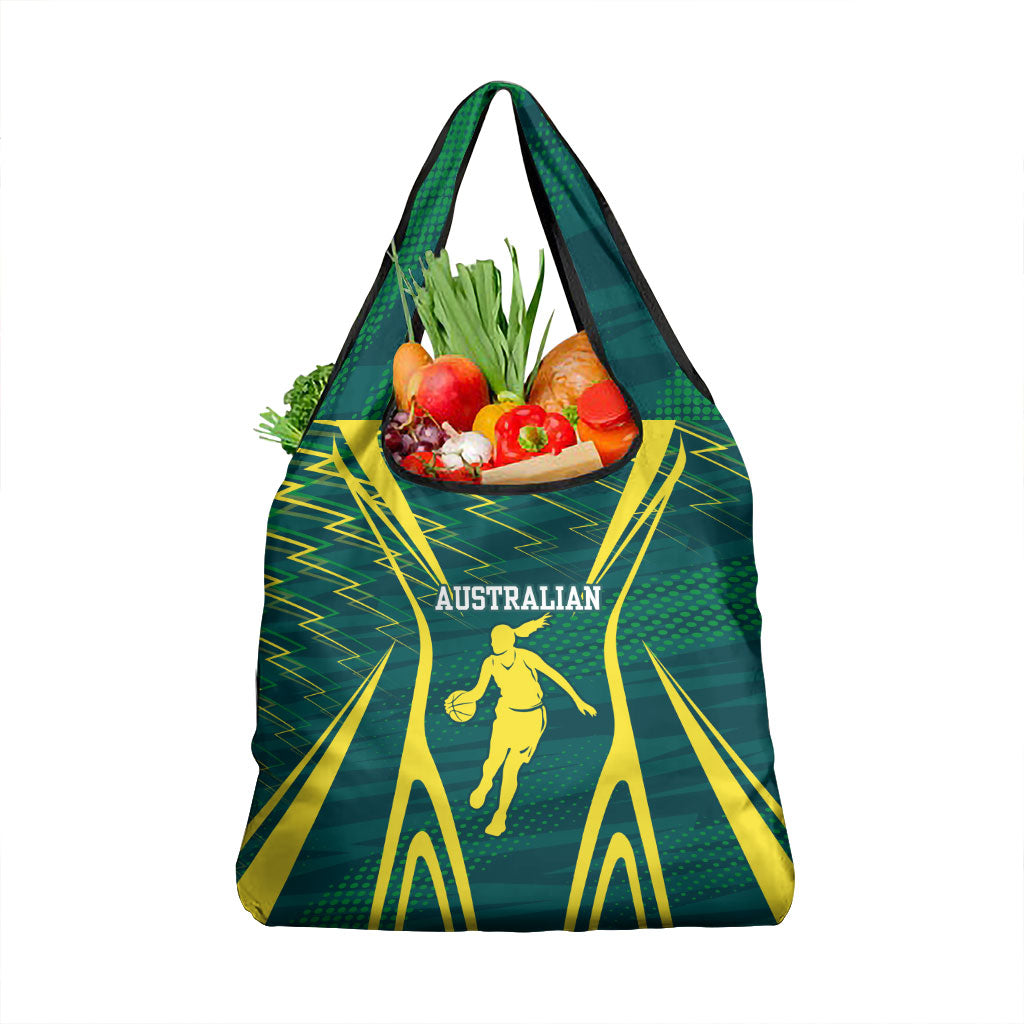 Australian Opals Basketball Grocery Bag Iconic Green And Gold Silhouette With Sharp Abstract Graphics
