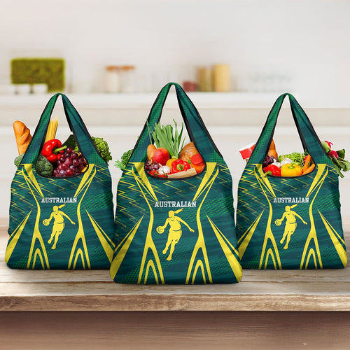 Australian Opals Basketball Grocery Bag Iconic Green And Gold Silhouette With Sharp Abstract Graphics